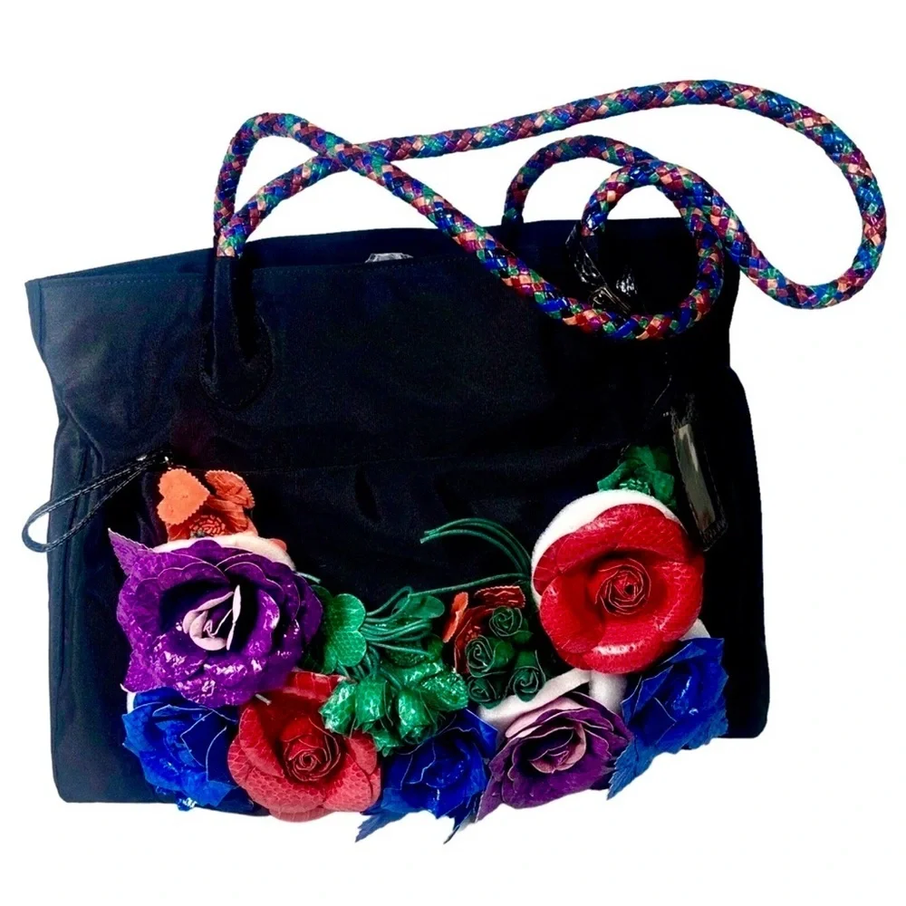 Dan W Black Nylon and Leather Floral Oversized‎ Tote 1990's Statem Bag Vintage